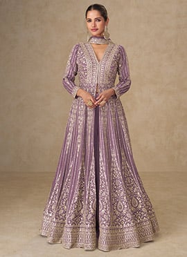 Lavender Chinon Silk Zari Embroidered Sequins A Line High Slit Anarkali Suit