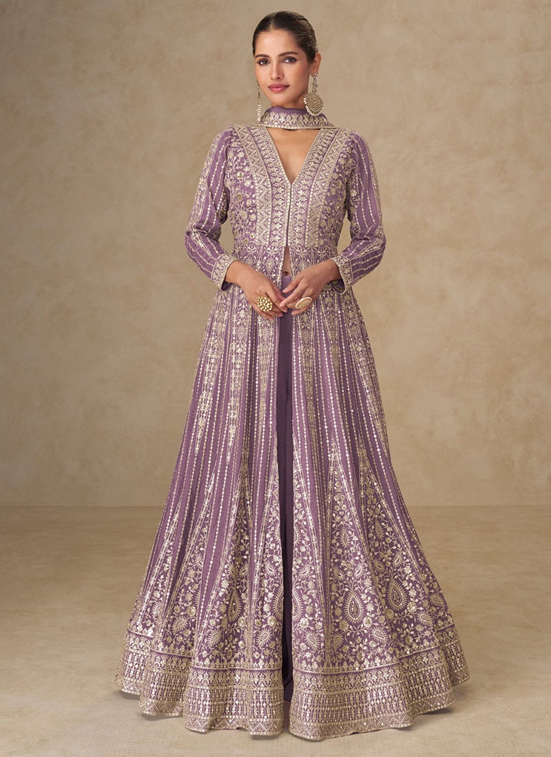 Lavender Chinon Silk Zari Embroidered Sequins A Line High Slit Anarkali Suit Wedding Wear