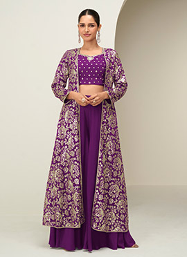 Lavender Chinon Silk Zari Embroidered Sequins Indowestern Jacket Palazzo Set