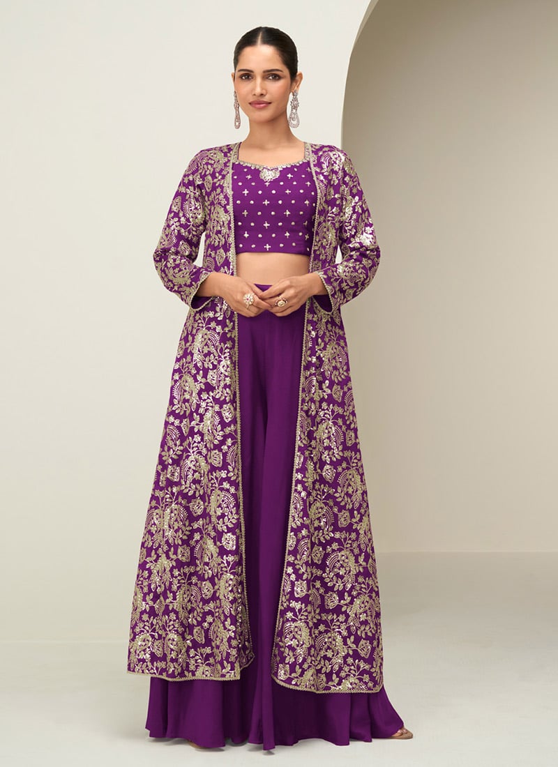 Lavender Chinon Silk Zari Embroidered Sequins Indowestern Jacket Palazzo Set  Festive Wear