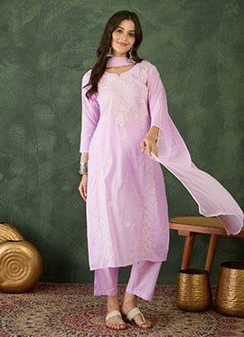 Lavender Cotton Blend Sequins Straight Pant Suit