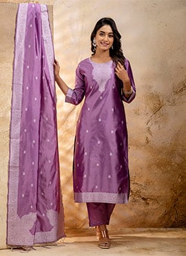 Lavender Cotton Jacquard Banarasi Straight Pant Suit