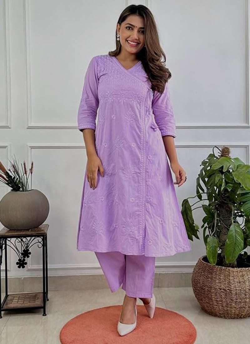 Lavender Cotton Lucknowi Thread Embroidered Straight Pants Set Work Wear