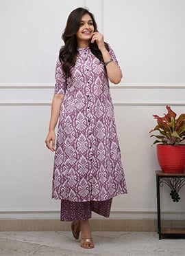 Lavender Cotton Printed Kurta Palazzo Set