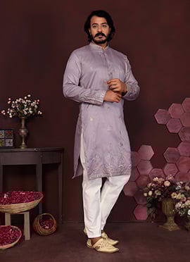 Lavender Cotton Silk Embroidered Sequins Kurta Pyjama