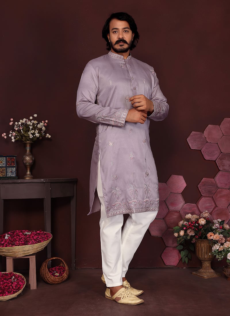 Lavender Cotton Silk Embroidered Sequins Kurta Pyjama Festive Wear