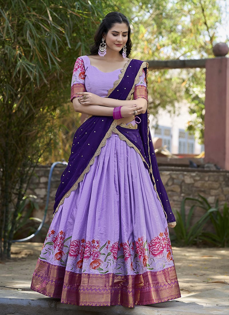 Lavender Cotton Silk Embroidered Zari A Line Lehenga Festive Wear