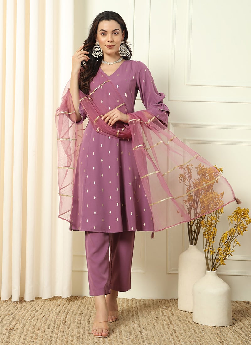 Lavender Crepe Foil Print Straight Pant Suit After Six Wear