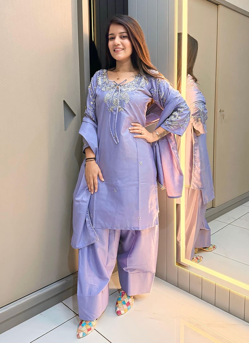 Lavender Crepe Sequins Beads Thread Cutdana Palazzo Suit Festive Wear