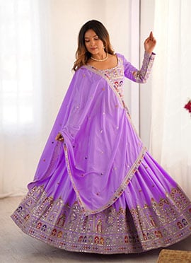 Lavender Crepe Silk Embroidered Sequins Umbrella Lehenga Wedding Wear