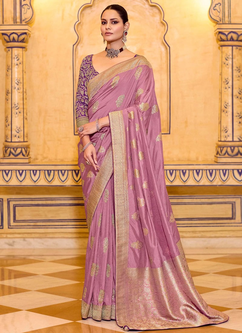 Lavender Crepe Silk Zari Jacquard Floral Woven Saree Festive Wear