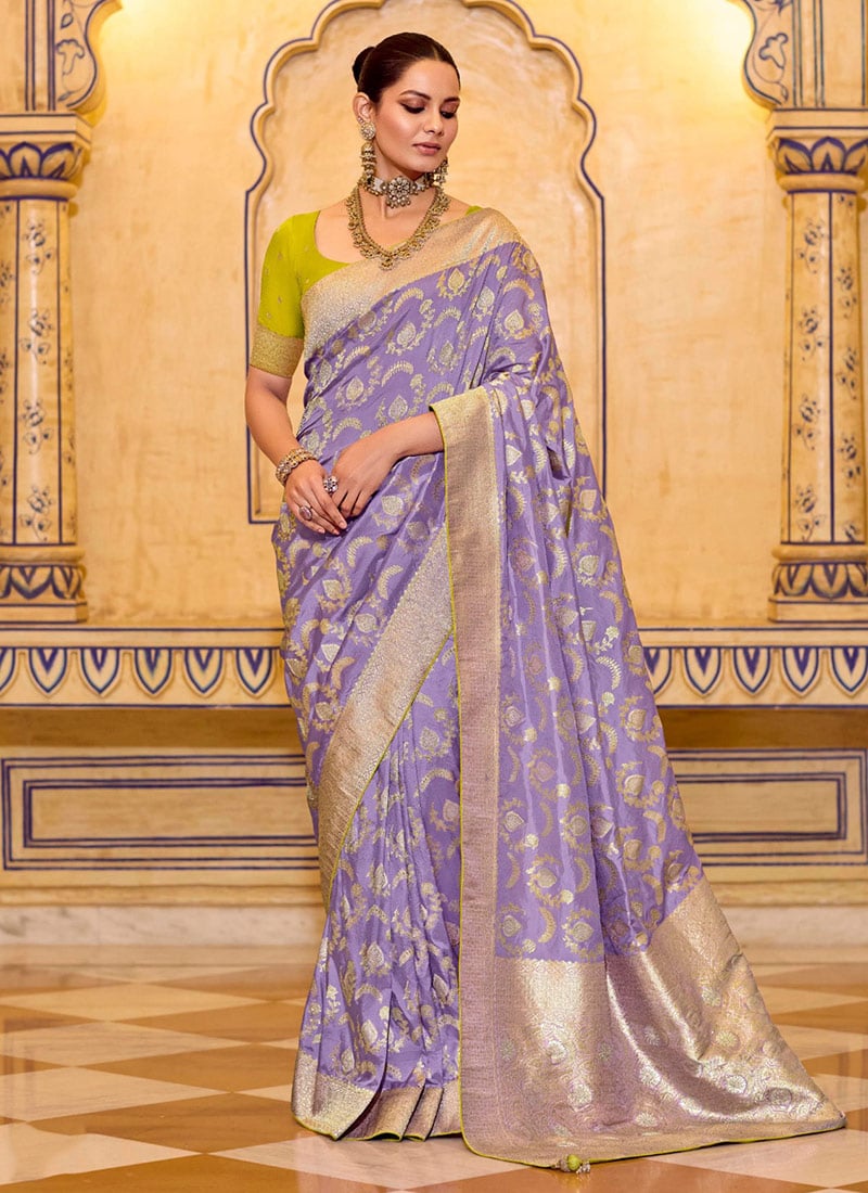 Lavender Crepe Silk Zari Jacquard Floral Woven Saree Festive Wear