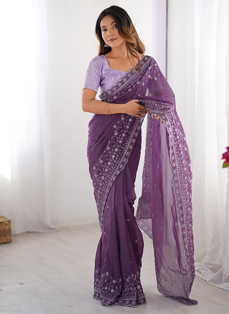 Lavender Crunchy Silk Embroidered Saree After Six Wear