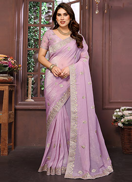 Lavender Crunchy Silk Gota Embroidered Saree