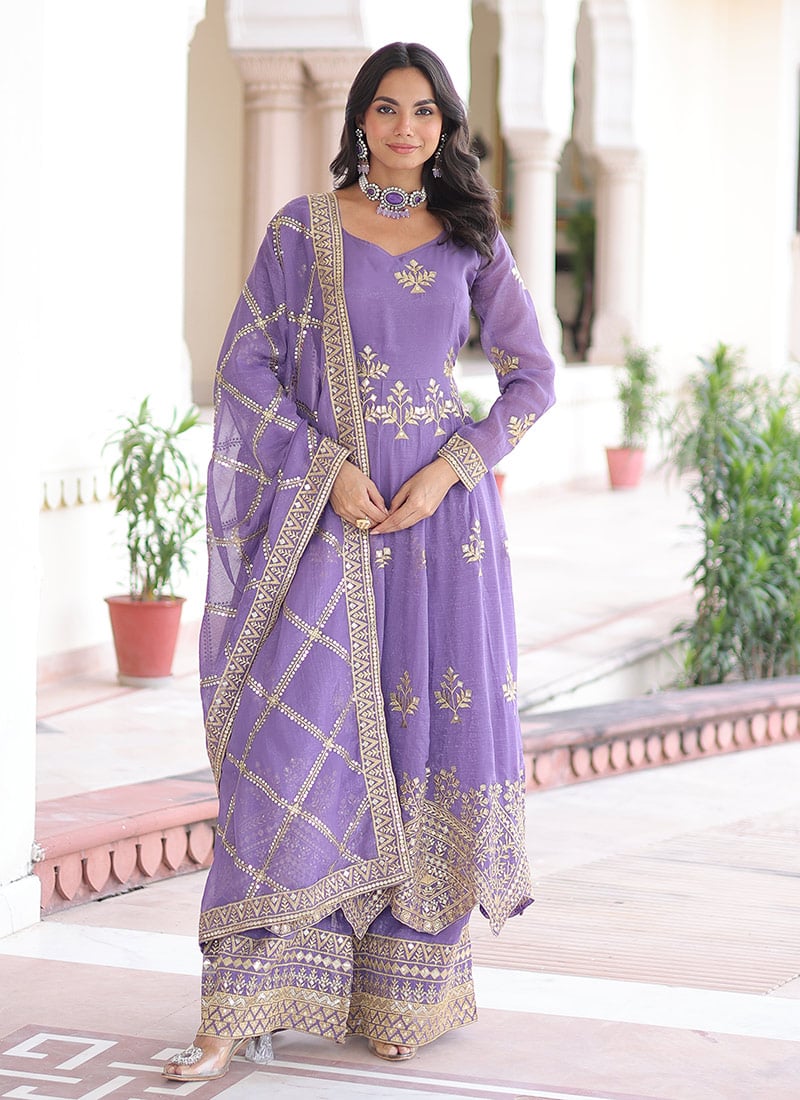 Lavender Crunchy Silk Sequins Embroidered Anarkali Suit Festive Wear