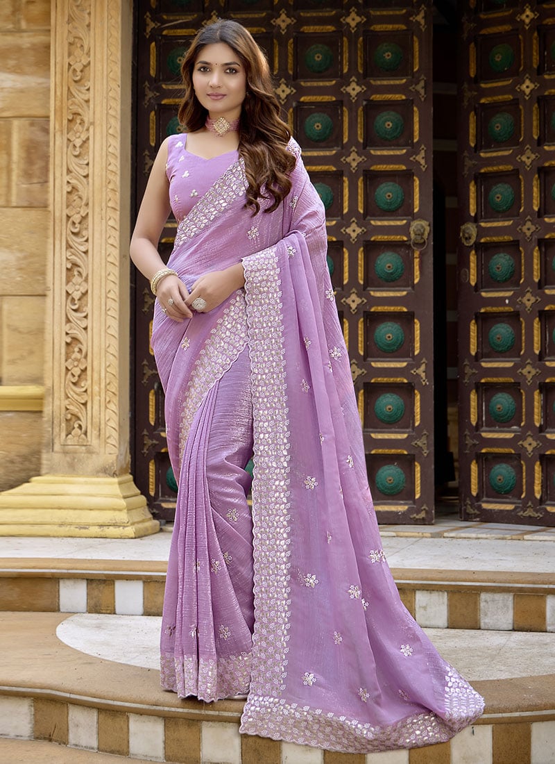 Lavender Crunchy Silk Thread Embroidered Sequins Saree