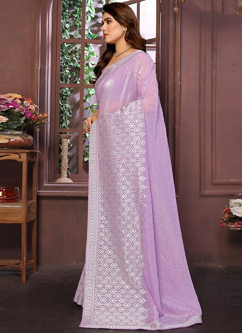 Lavender Crunchy Silk Zari Stone Work Saree