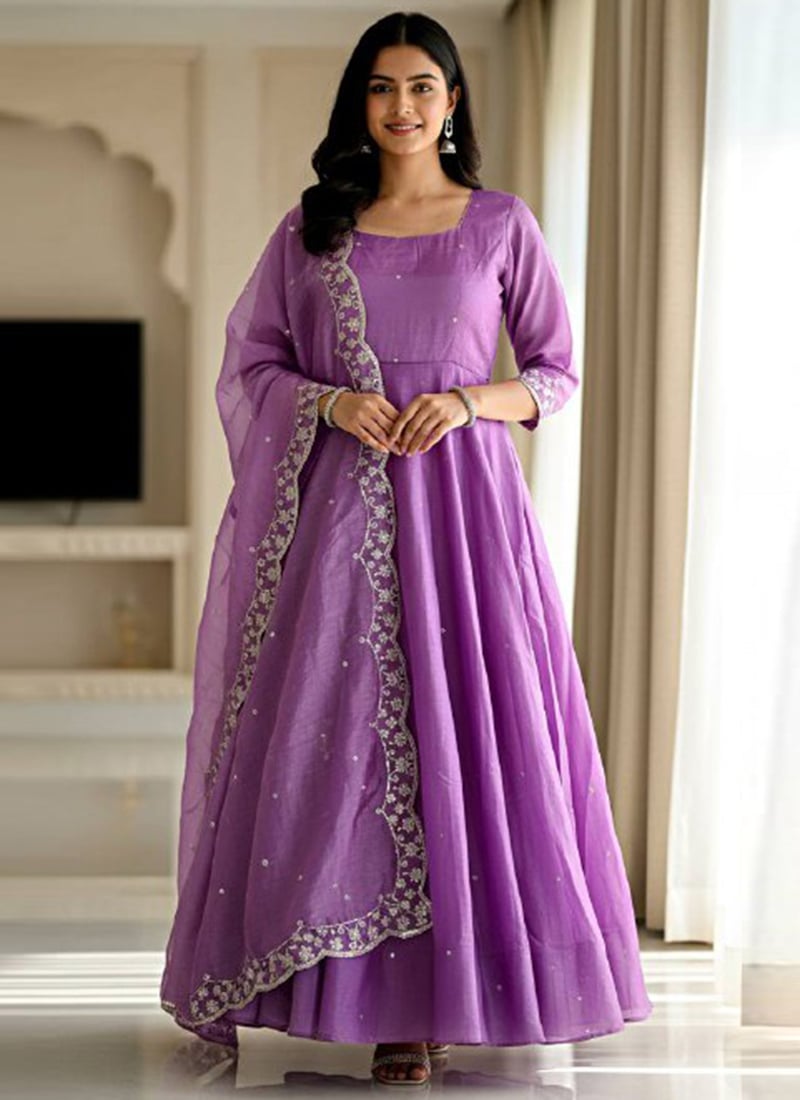 Lavender Crush Silk Embroidered Anarkali Suit Festive Wear