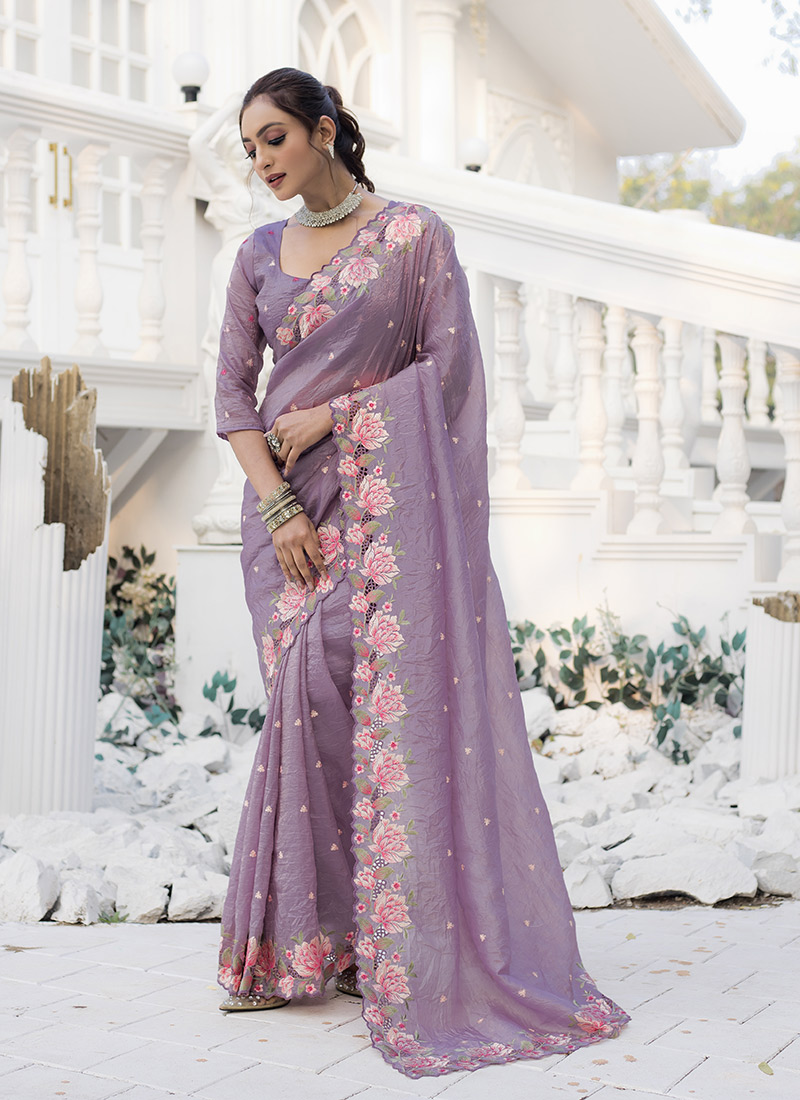 Lavender Crush Silk Embroidered Cut Work Saree Festive Wear