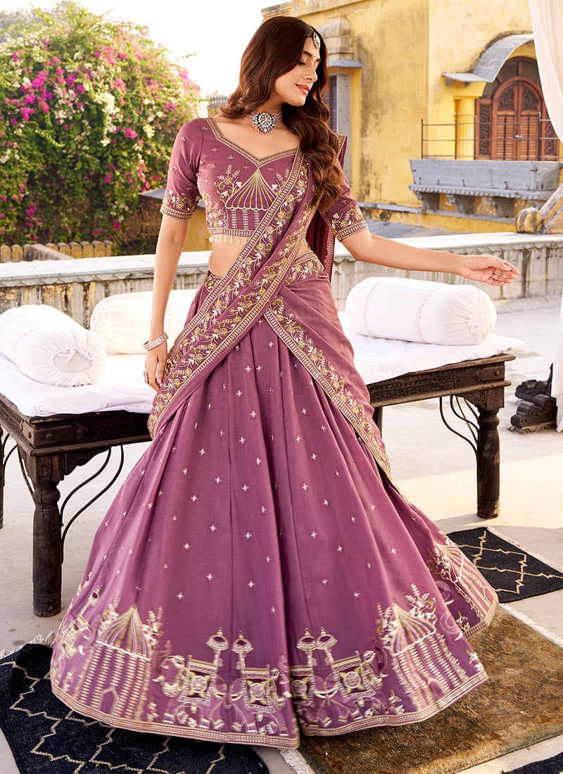 Lavender Crush Silk Embroidered Sequins Lehenga Wedding Wear