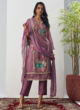 Lavender Crush Silk Embroidered Sequins With Beads Work Straight Pant Suit
