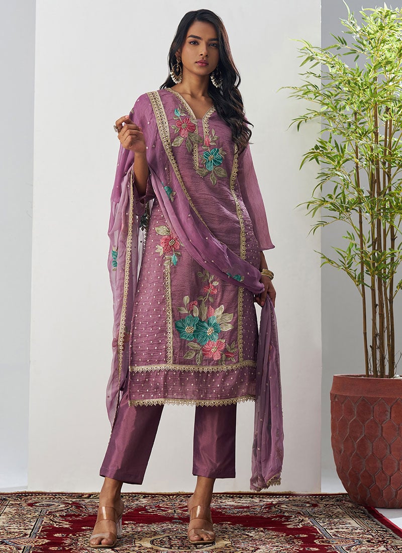 Lavender Crush Silk Embroidered Sequins With Beads Work Straight Pant Suit Festive Wear