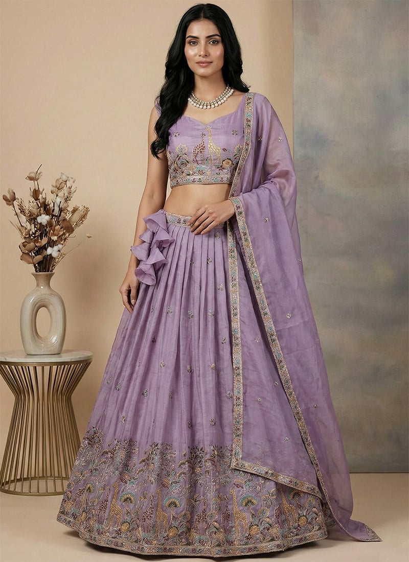 Lavender Crush Silk Sequins Embroidered Lehenga Wedding Wear