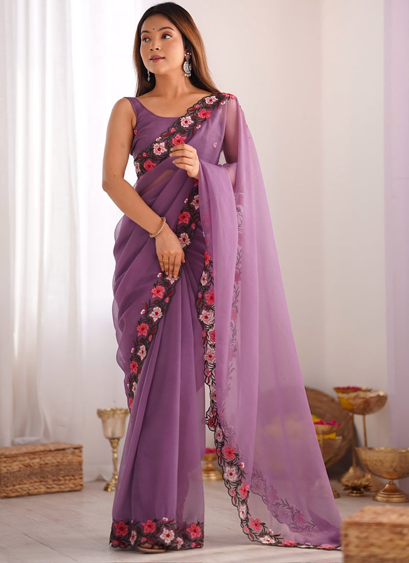 Lavender Crush Thread Embroidered Saree
