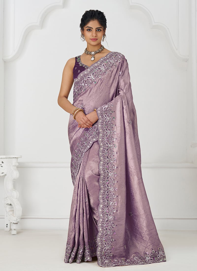 Lavender Dola Viscose Silk Embroidered Sequins With Beads Stone And Aari Work Saree