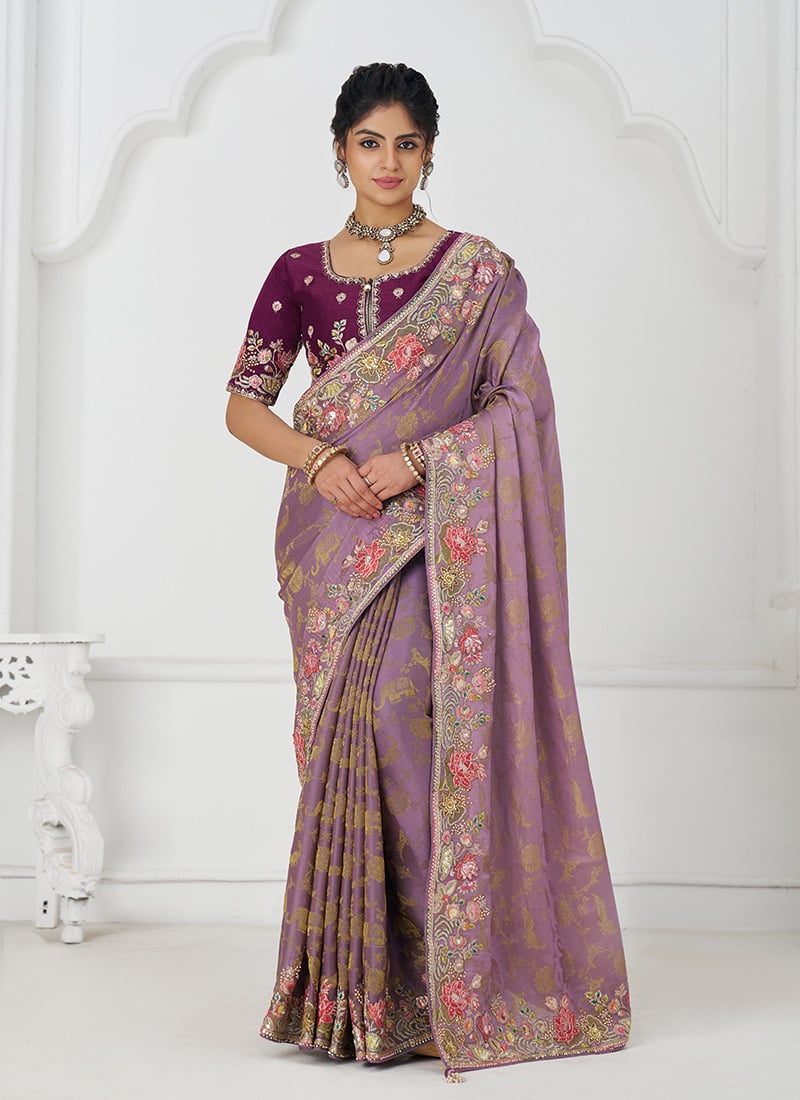 Lavender Dola Viscose Silk Embroidered Sequins With Beads Stone And Aari Work Saree Wedding Wear