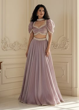 Lavender Embellished Puff Sleeve Blouse With Fendy Silk Lehenga Set