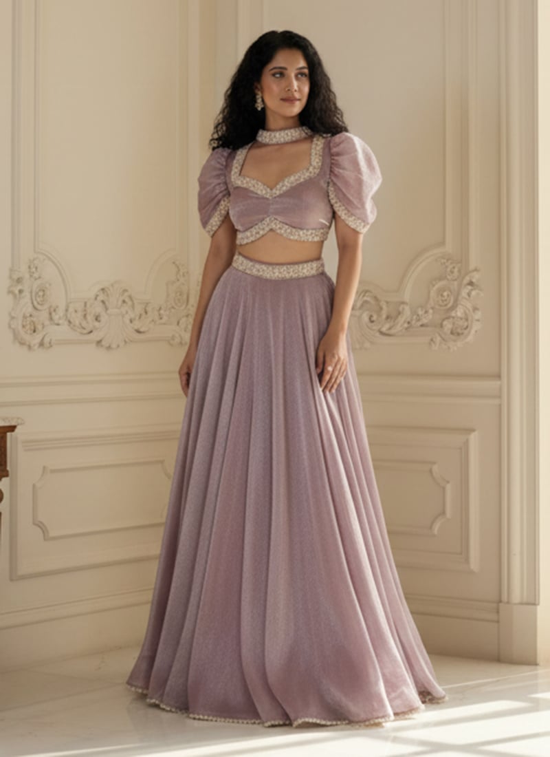Lavender Embellished Puff Sleeve Blouse With Fendy Silk Lehenga Set