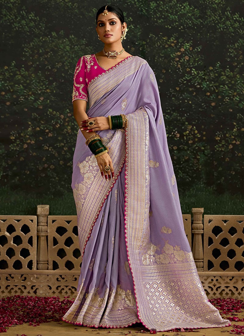 Lavender Embroidered And Sequins Thread Work Saree