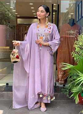 Lavender Embroidered Chanderi Straight Pant Suit