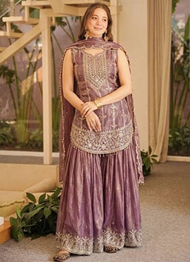 Lavender Embroidered Fendy Silk Sharara Suit