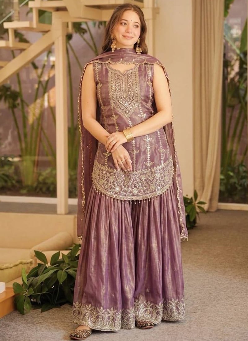 Lavender Embroidered Fendy Silk Sharara Suit Festive Wear