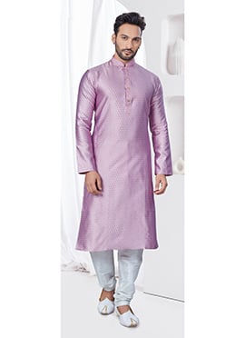 Lavender Embroidered Jacquard Print Silk Kurta Pyjama For Men