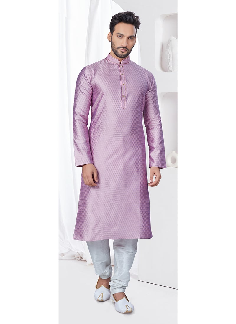 Lavender Embroidered Jacquard Print Silk Kurta Pyjama For Men Festive Wear