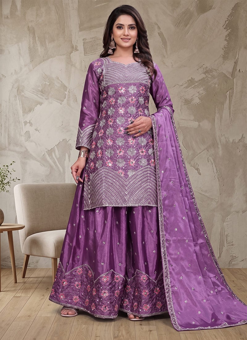 Lavender Embroidered Sequins Silk Palazzo Suit Festive Wear
