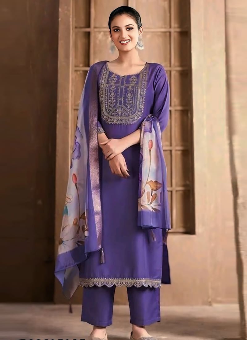 Lavender Embroidered Sequins Straight Pant Suit With Digital Print Dupatta Festive Wear