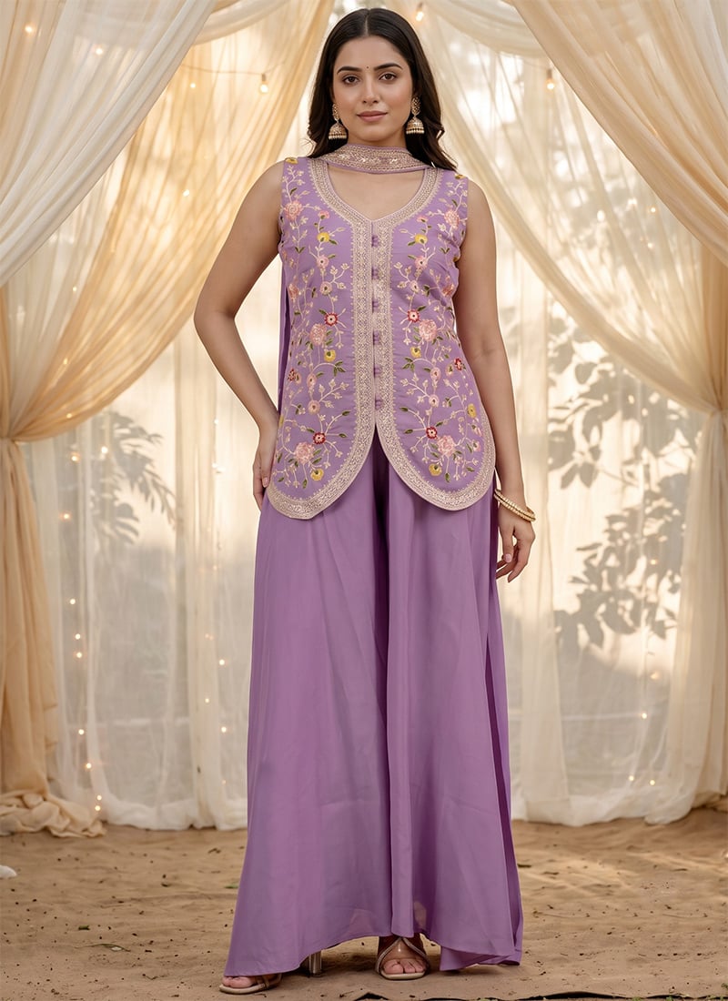 Lavender Embroidered Silk Palazzo Suit Festive Wear