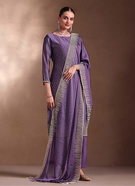 Lavender Embroidered Stone Work Cotton Georgette Straight Pant Suit