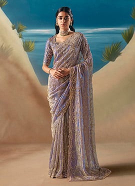 Lavender Fancy Silk Zari Embroidered Sequins With Beads Work Saree