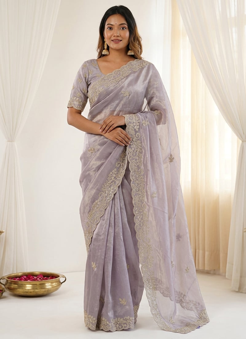 Lavender Fandy Satin Silk Embroidered Sequins Saree Festive Wear