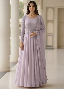 Lavender Faux Georgette Beads Hand Embroidered Anarkali Suit
