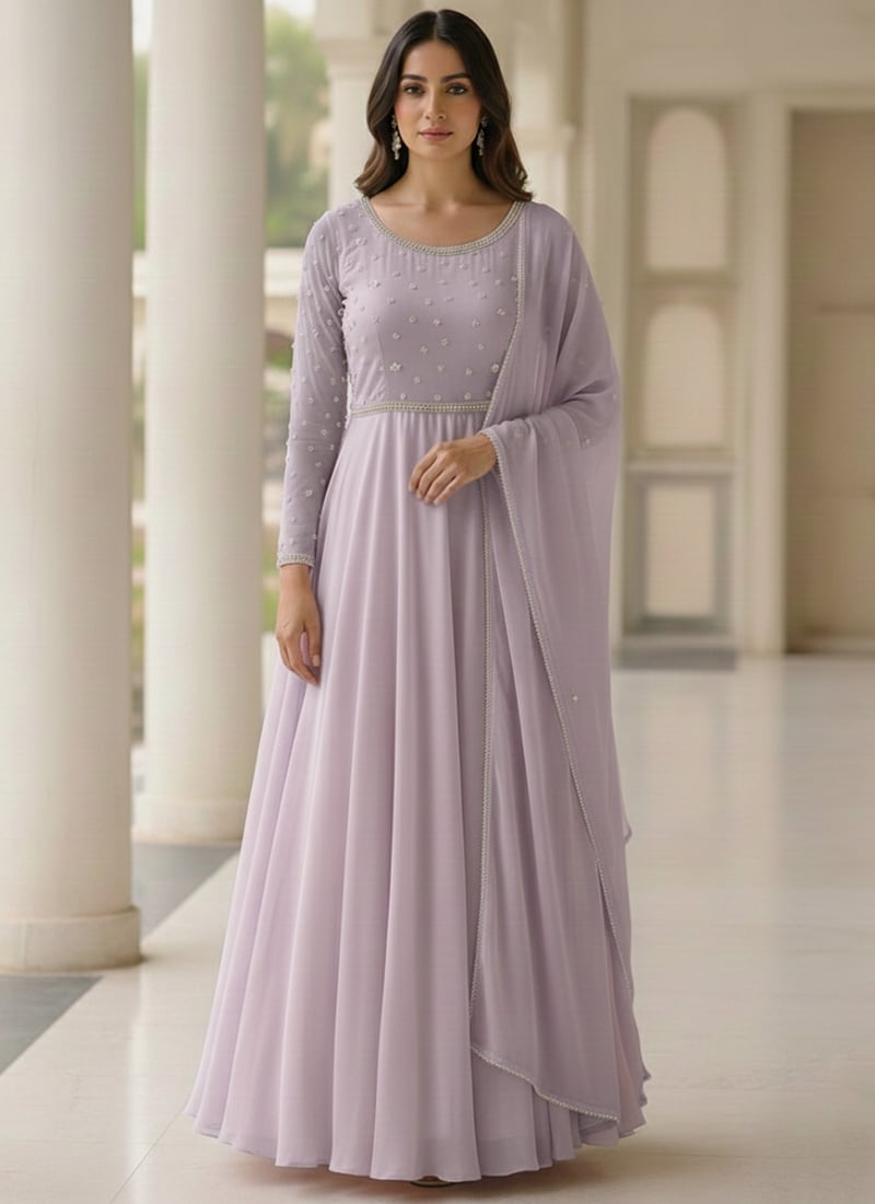 Lavender Faux Georgette Beads Hand Embroidered Anarkali Suit Festive Wear