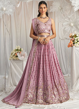 Lavender Faux Georgette Cord Work Emboidered Sequins Lehenga