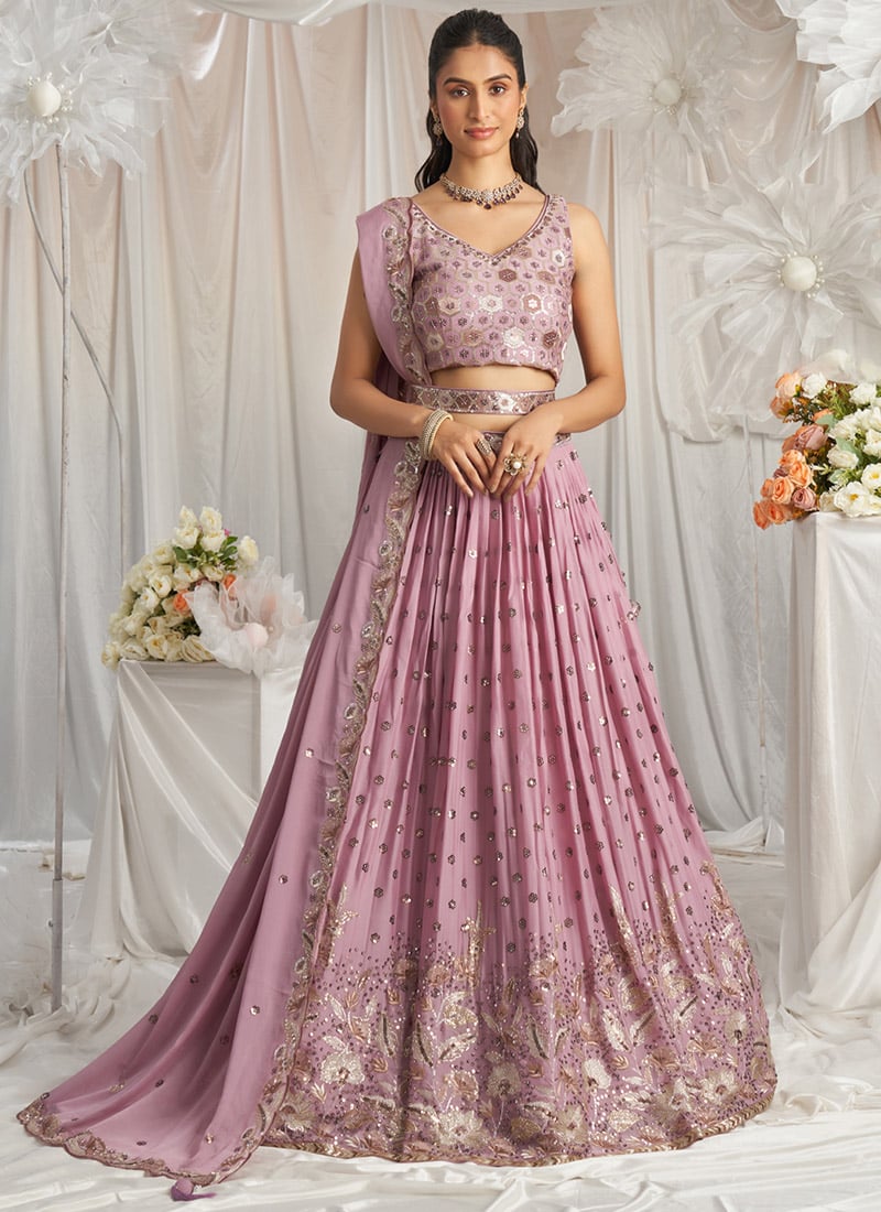 Lavender Faux Georgette Cord Work Emboidered Sequins Lehenga Wedding Wear