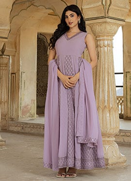 Lavender Faux Georgette Embroidered Anarkali Suit