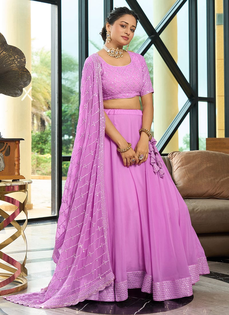 Lavender Faux Georgette Embroidered Sequins A Line Lehenga With Matching Choli And Dupatta Wedding Wear
